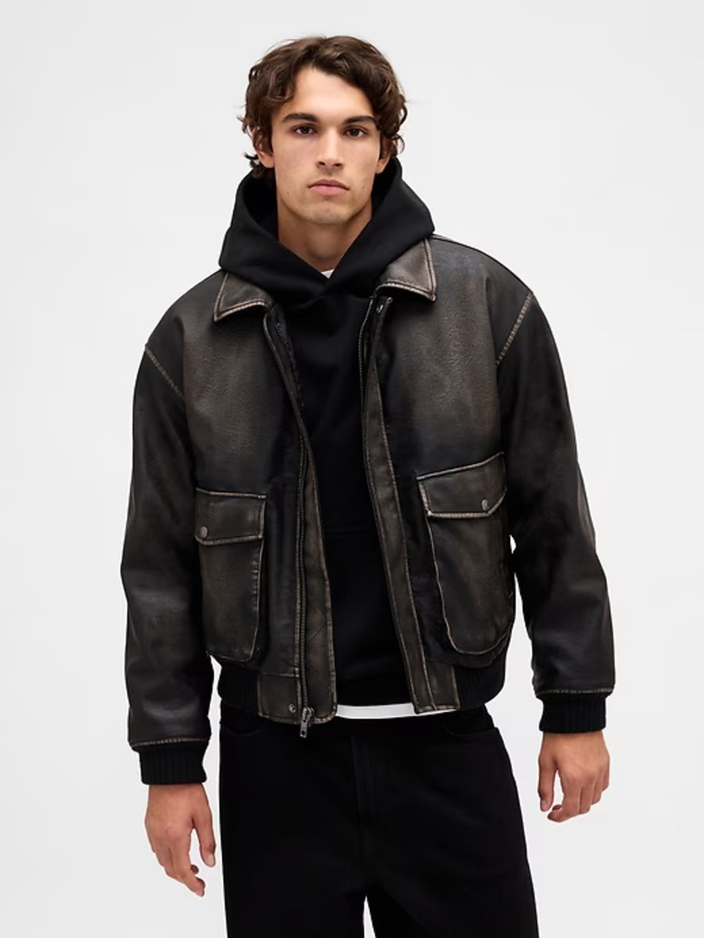 NWOT Gap Distressed Faux Leather Bomber Jacket - Vintage Wash Oversized Men S
